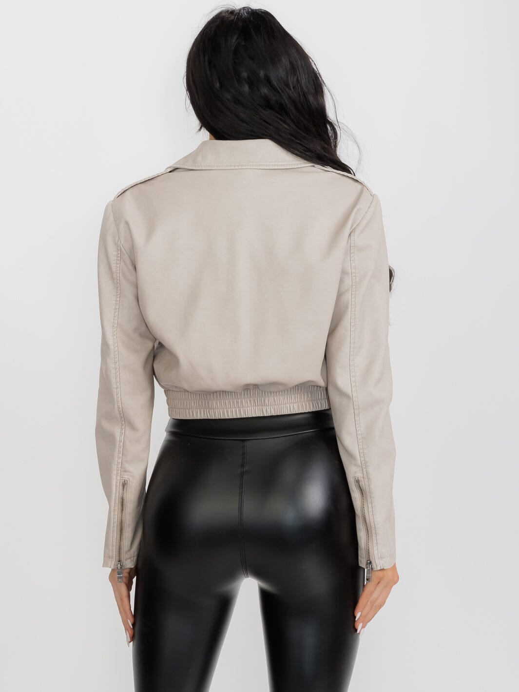 WOMEN'S LONG SLEEVE ZIP UP PU PLEATHER WASHED JACKET