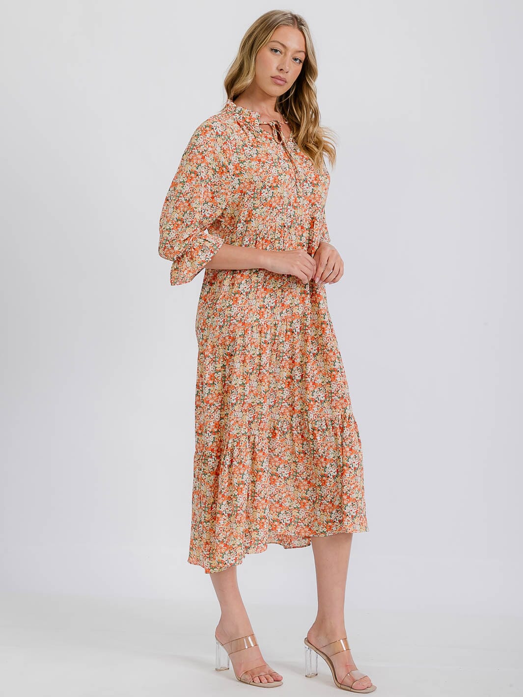 WOMEN'S 3/4 SLEEVE TIERED FLORAL MIDI DRESS