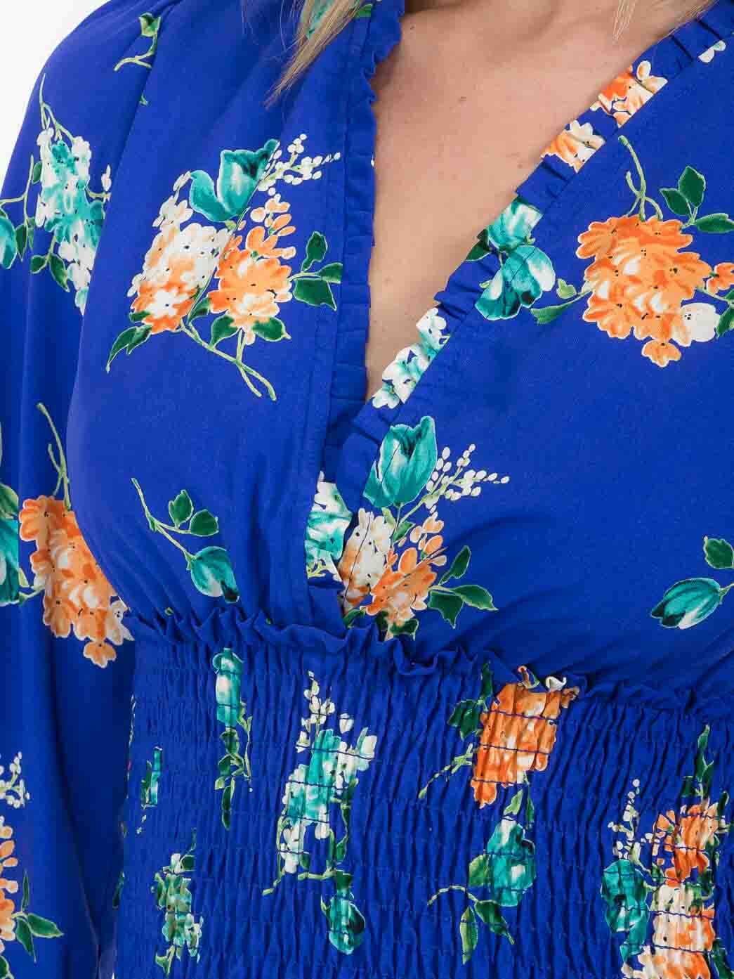 WOMEN'S LONG SLEEVE V-NECK SMOCK FLORAL MINI DRESS