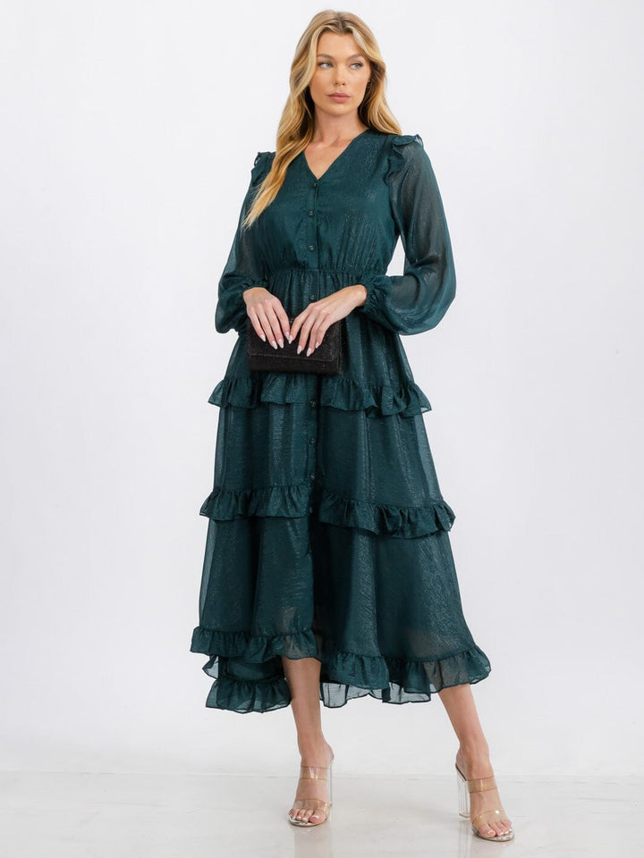 WOMEN'S LONG SLEEVE V-NECK TIERED RUFFLE SHIMMER MAXI DRESS