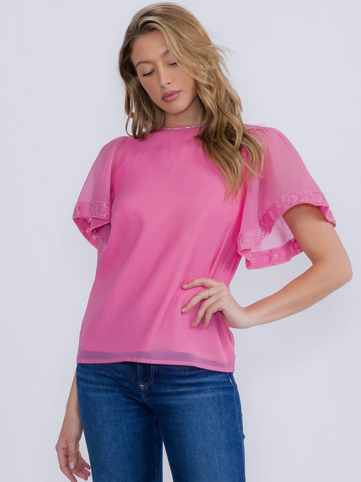 WOMEN'S SHORT SLEEVE TRIM DETAILED BLOUSE