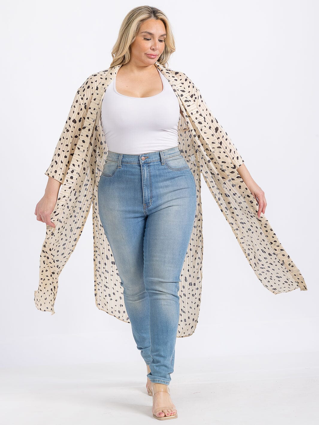 PLUS SIZE LONG SLEEVE OPEN FRONT SIDE SLIT ANIMAL PRINT CARDIGAN
