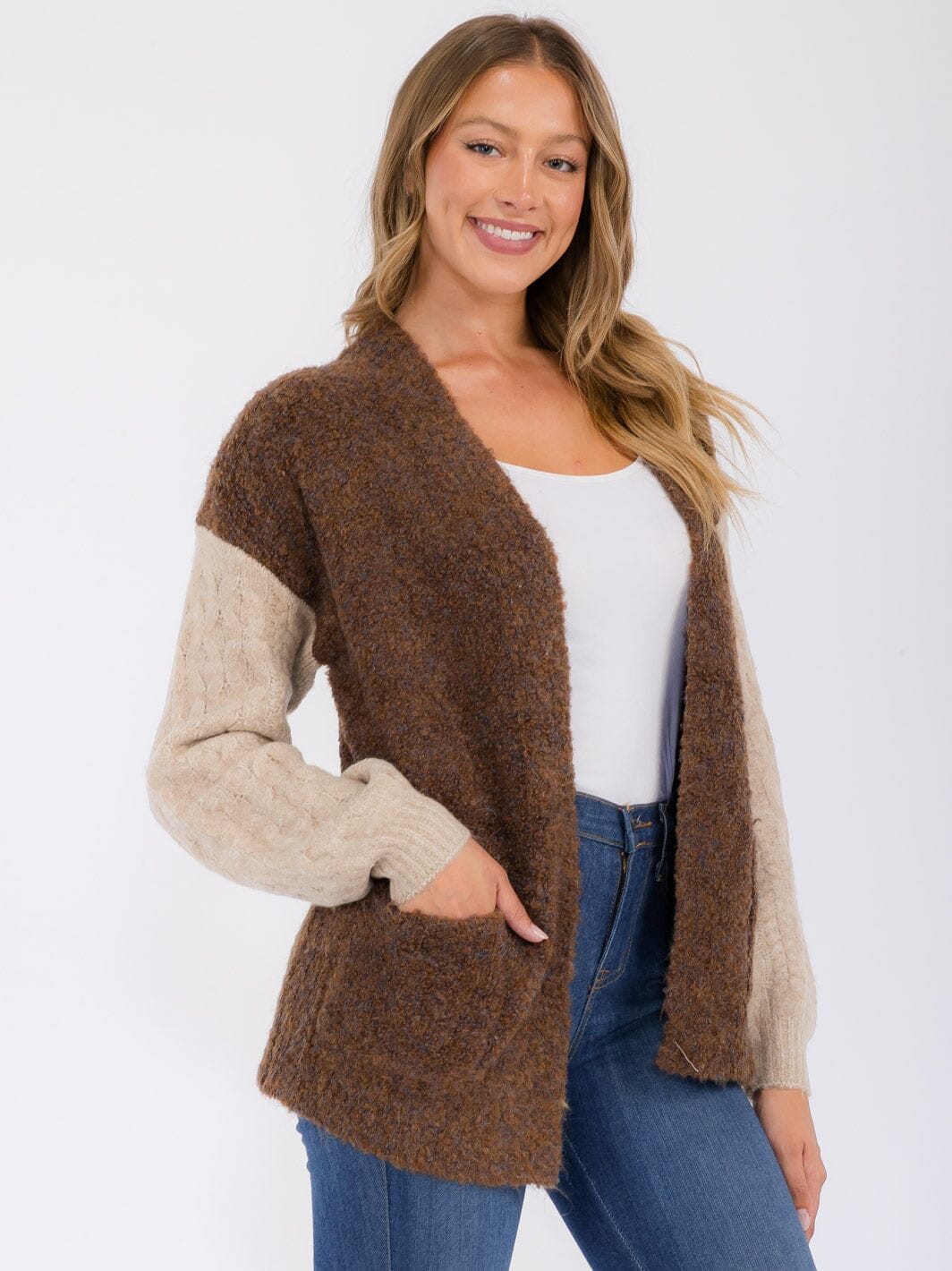WOMEN'S LONG SLEEVE POCKETS COLORBLOCK OPEN FRONT CARDIGAN