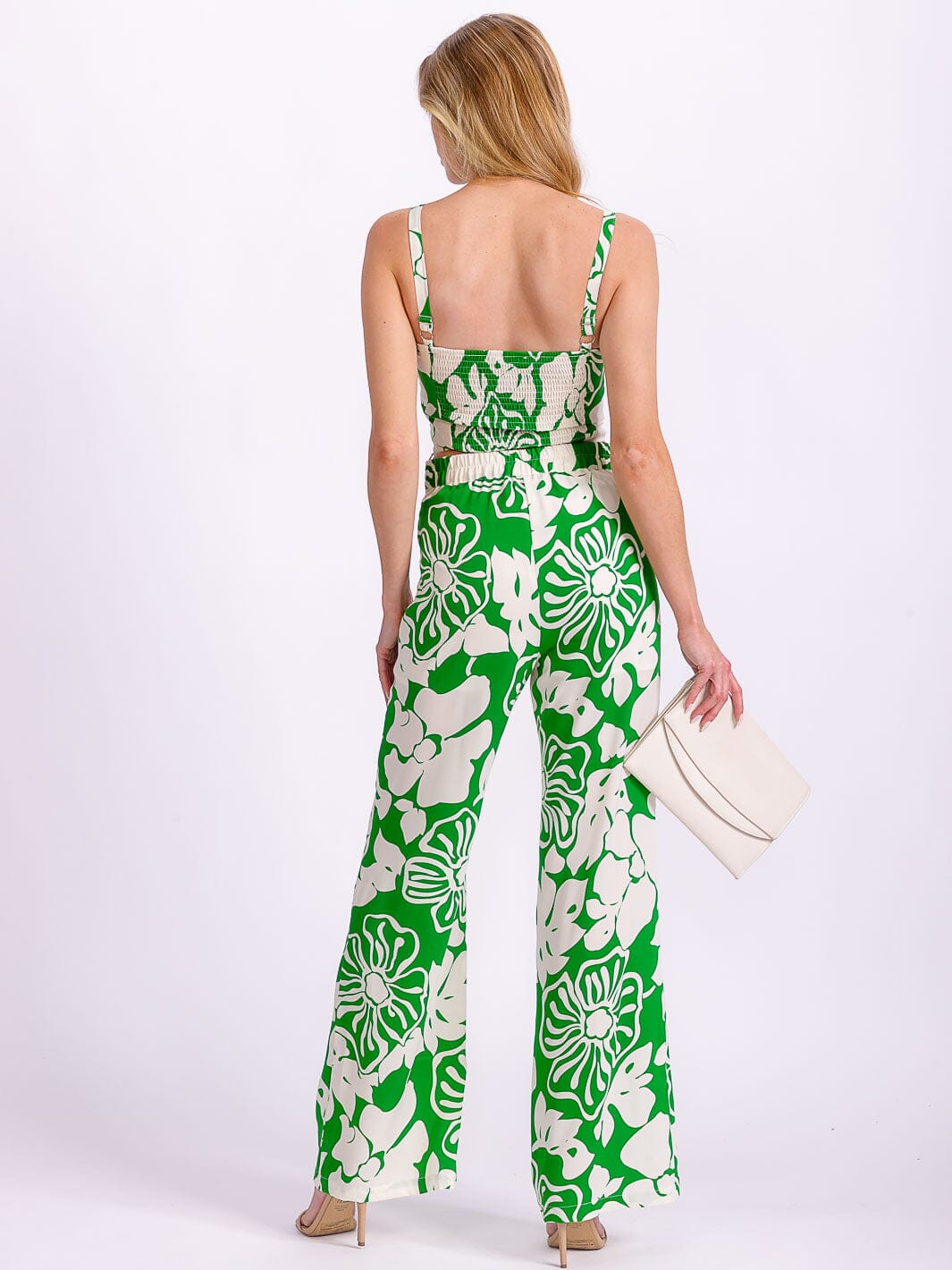 WOMEN'S SLEEVELESS SMOCK CROP TOP & ZIP UP PANTS FLORAL 2PC. SET