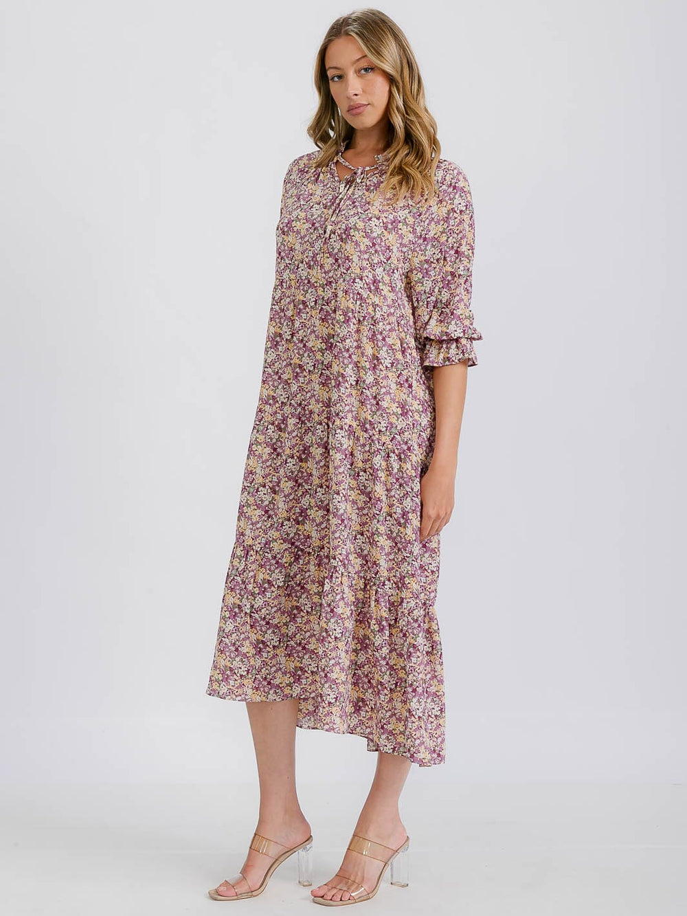 WOMEN'S 3/4 SLEEVE TIERED FLORAL MIDI DRESS