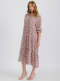WOMEN'S 3/4 SLEEVE TIERED FLORAL MIDI DRESS