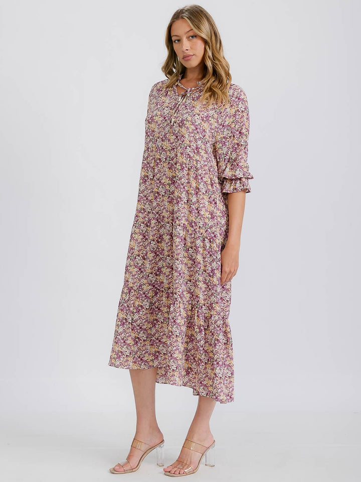 WOMEN'S 3/4 SLEEVE TIERED FLORAL MIDI DRESS