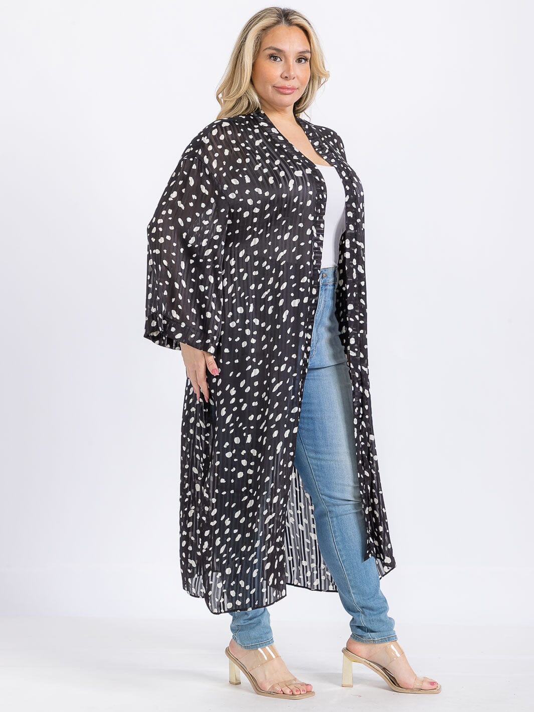 PLUS SIZE LONG SLEEVE OPEN FRONT SIDE SLIT ANIMAL PRINT CARDIGAN