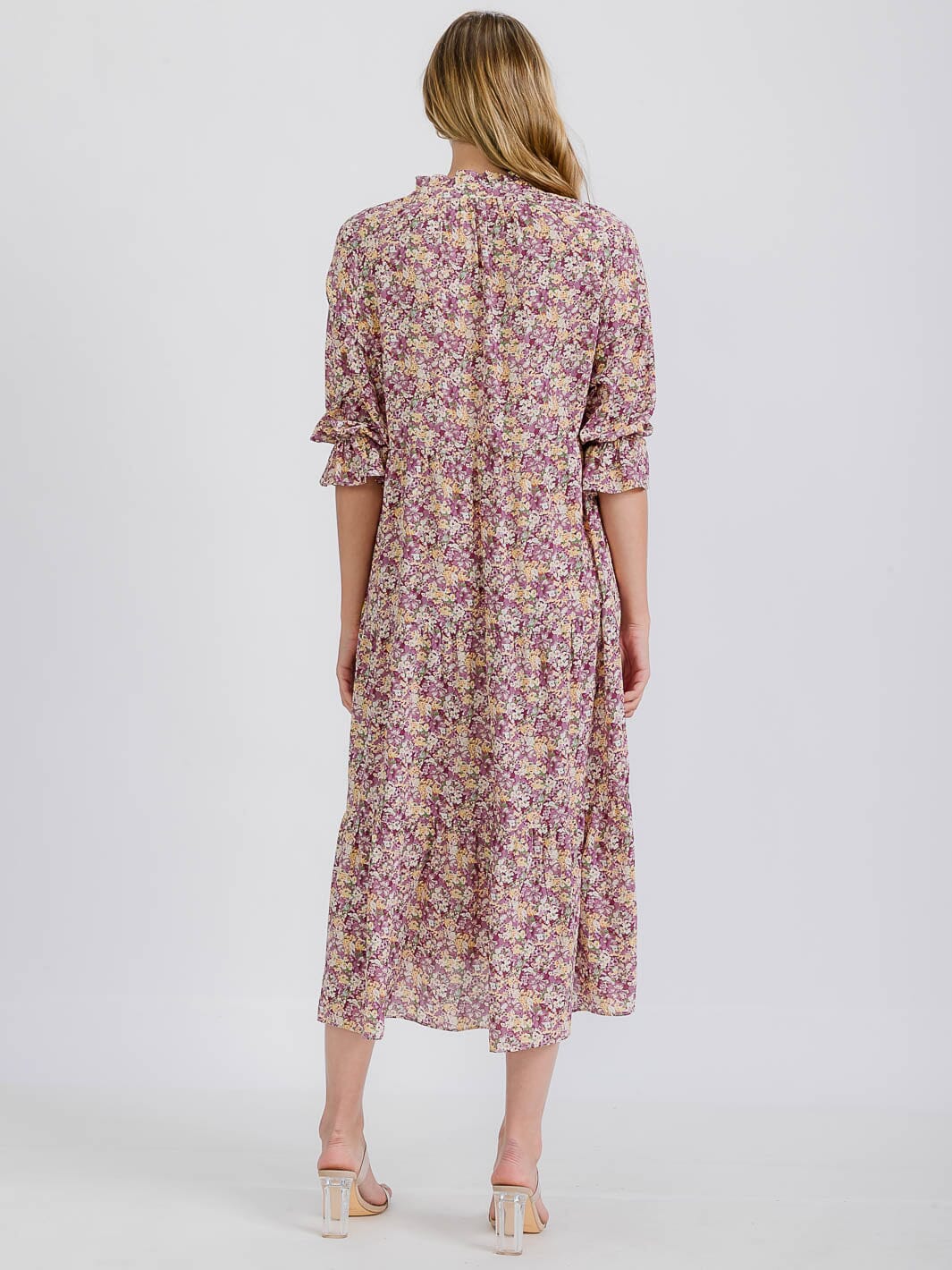 WOMEN'S 3/4 SLEEVE TIERED FLORAL MIDI DRESS