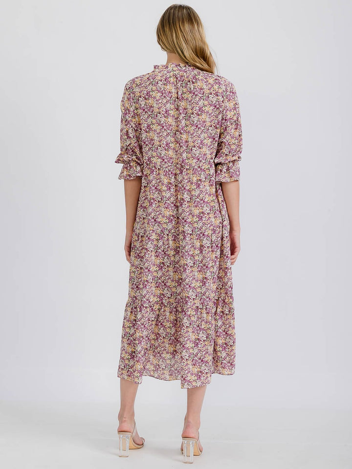 WOMEN'S 3/4 SLEEVE TIERED FLORAL MIDI DRESS