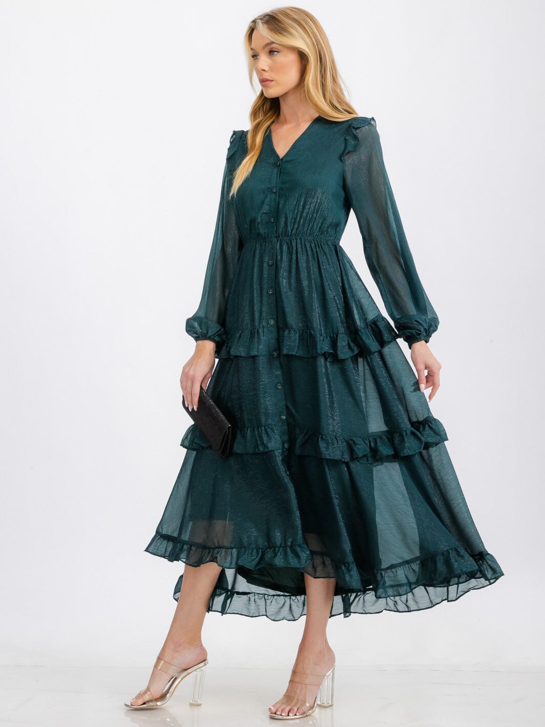 WOMEN'S LONG SLEEVE V-NECK TIERED RUFFLE SHIMMER MAXI DRESS