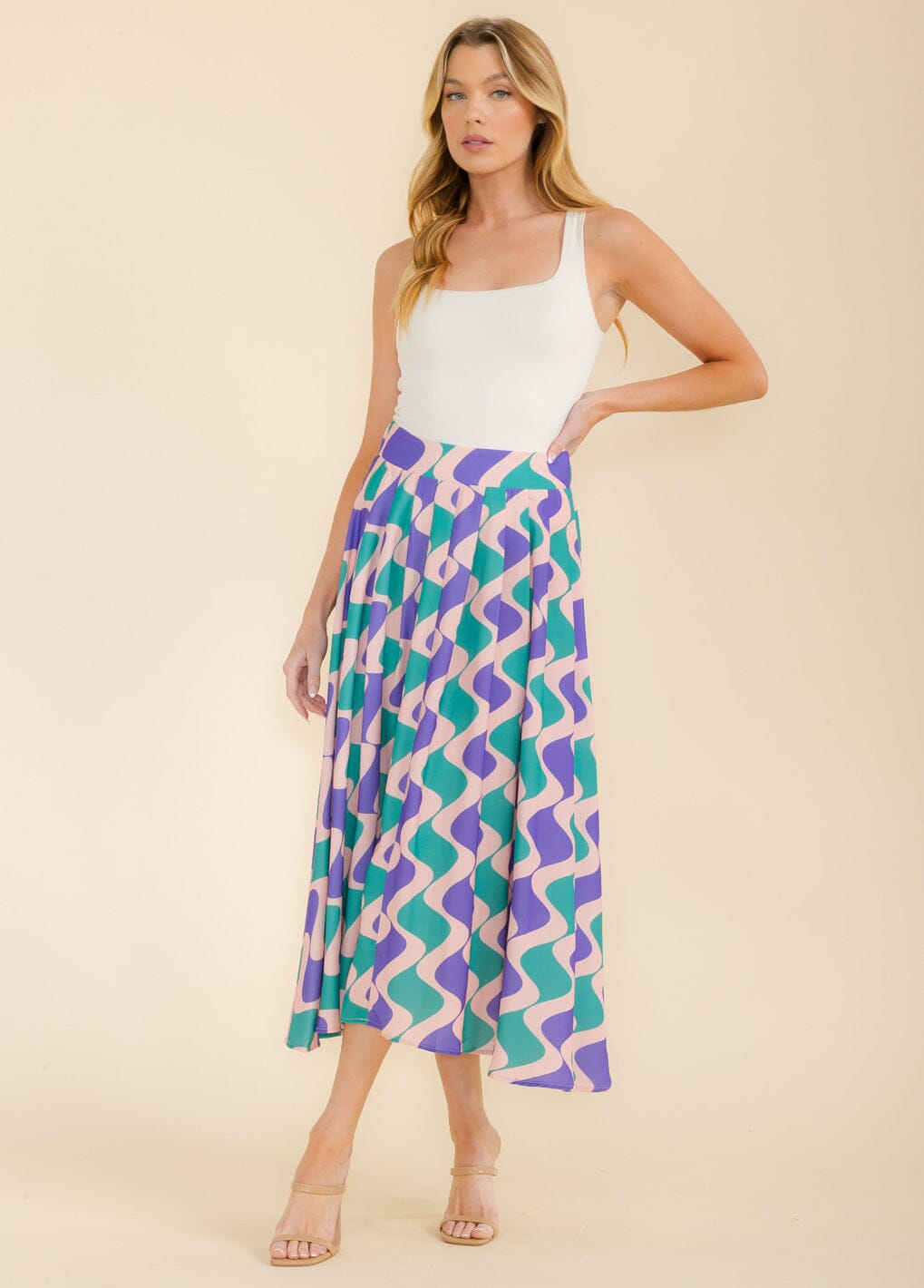WOMEN'S ELASTIC WAIST MULTI PRINT MAXI SKIRT