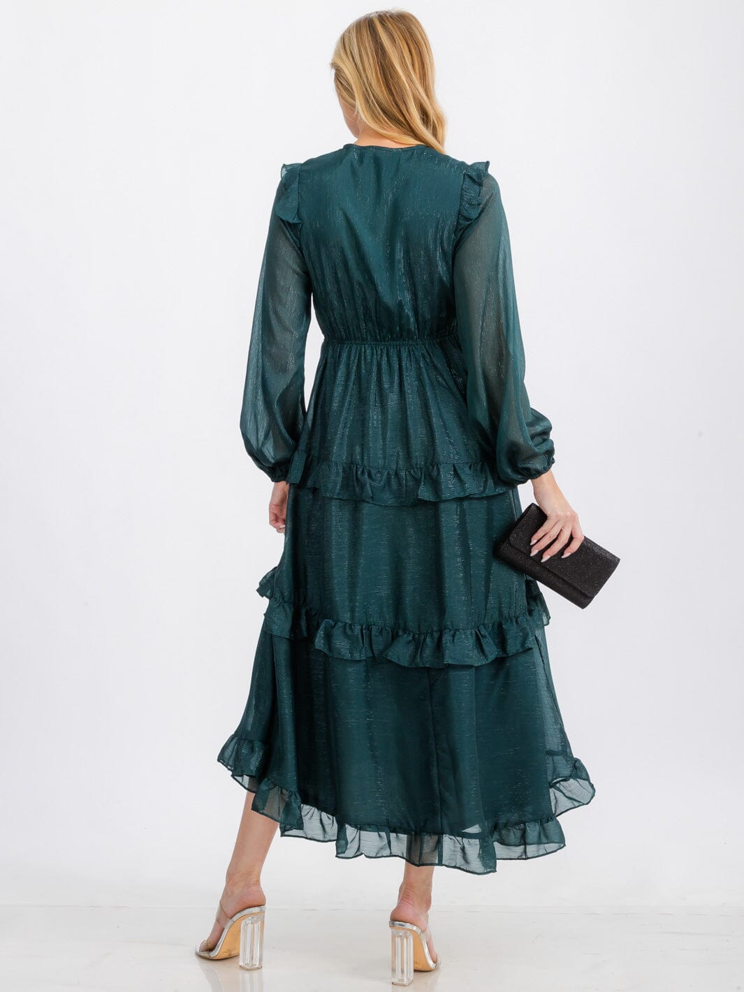 WOMEN'S LONG SLEEVE V-NECK TIERED RUFFLE SHIMMER MAXI DRESS