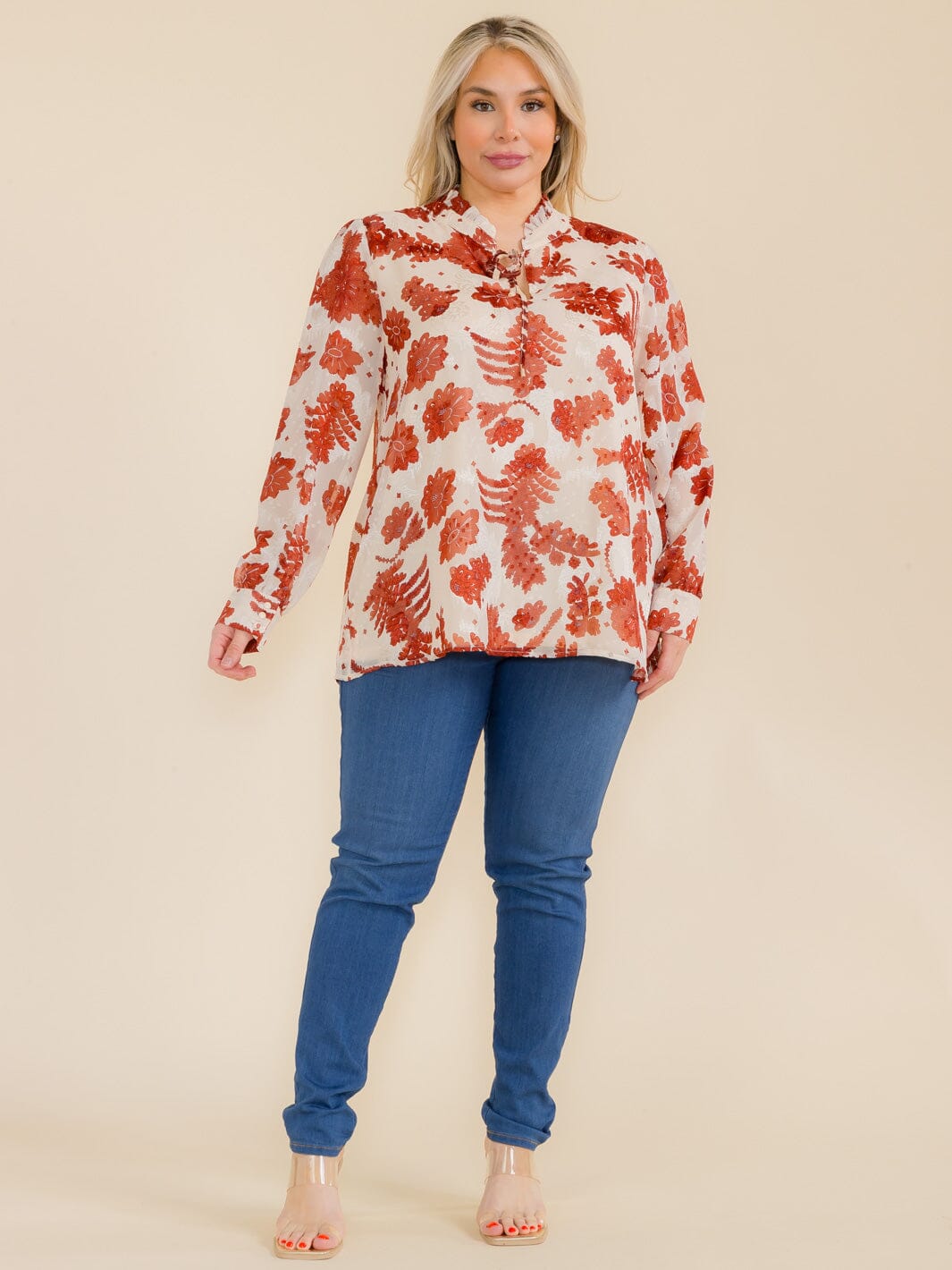 PLUS SIZE LONG SLEEVE V-NECK FLORAL PRINT BLOUSE