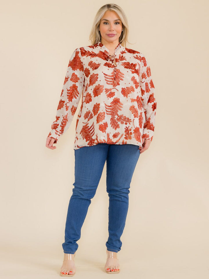 PLUS SIZE LONG SLEEVE V-NECK FLORAL PRINT BLOUSE