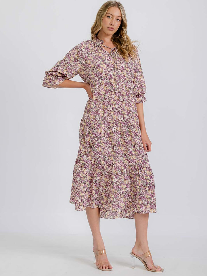 WOMEN'S 3/4 SLEEVE TIERED FLORAL MIDI DRESS