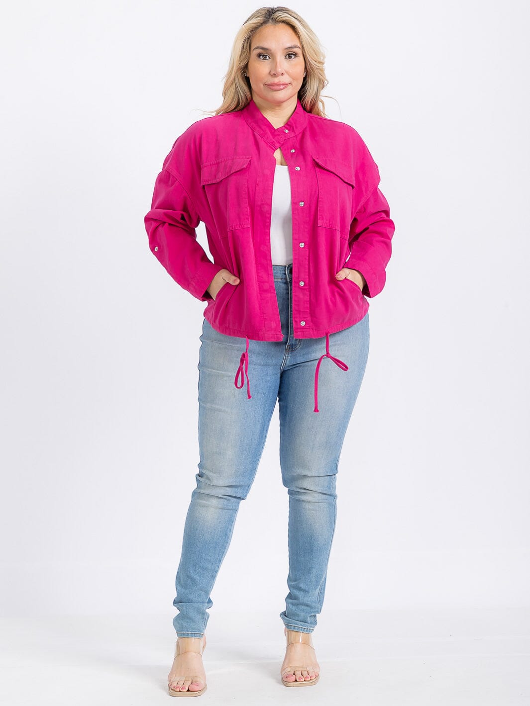PLUS SIZE LONG SLEEVE BUTTON CLOSURE FRONT POCKETS DENIM JACKET