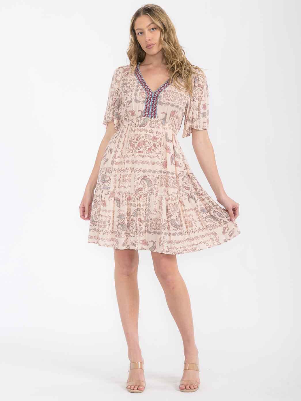WOMEN'S SHORT SLEEVE V-NECK POCKETS PAISLEY PRINT MINI DRESS