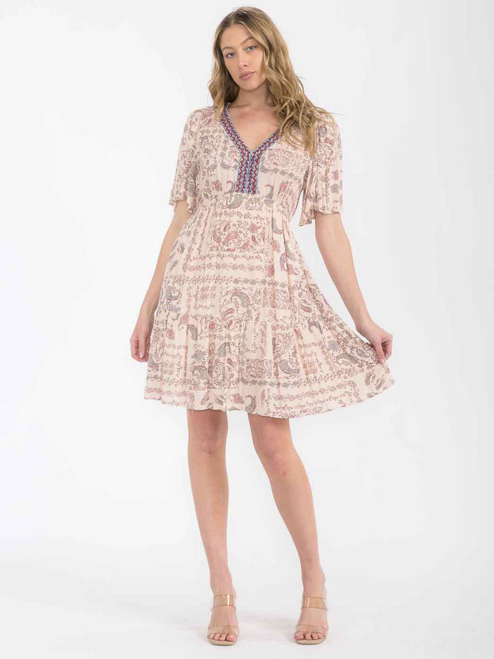 WOMEN'S SHORT SLEEVE V-NECK POCKETS PAISLEY PRINT MINI DRESS