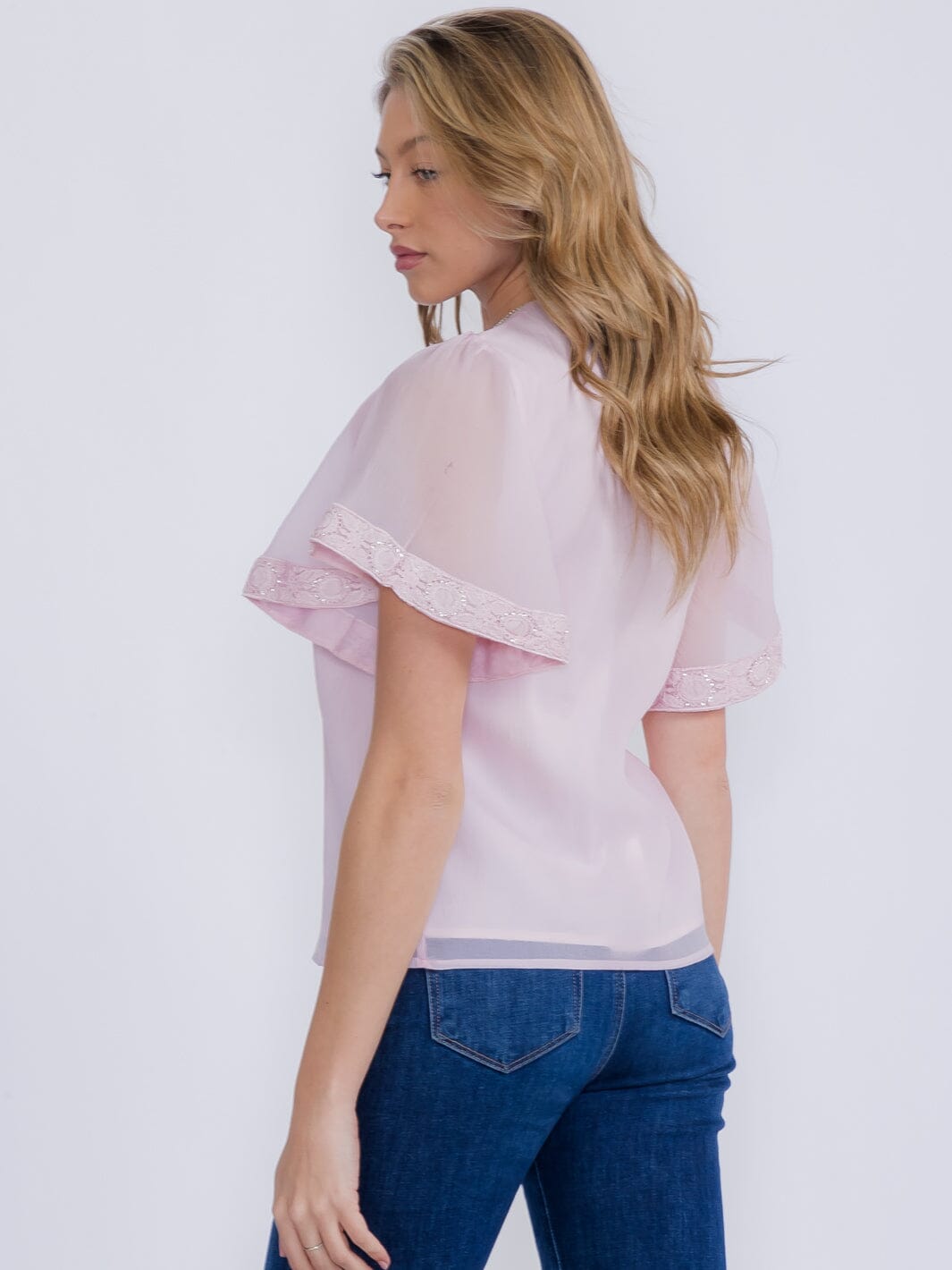 WOMEN'S SHORT SLEEVE TRIM DETAILED BLOUSE