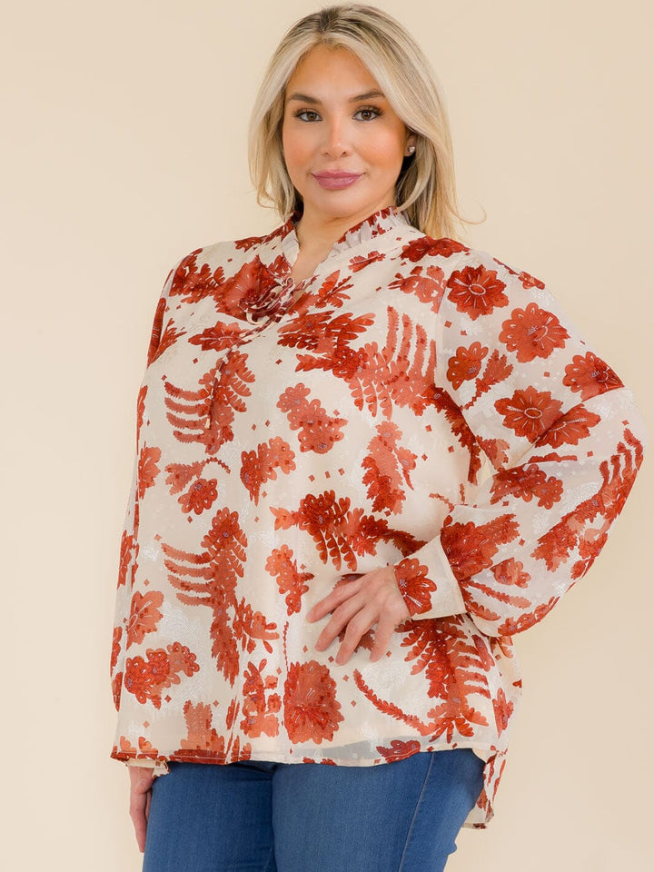 PLUS SIZE LONG SLEEVE V-NECK FLORAL PRINT BLOUSE