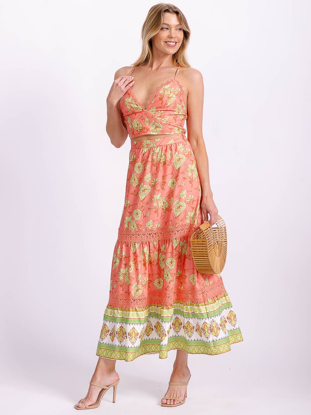 WOMEN'S SLEEVELESS SMOCK CROP TOP & ZIP UP MAXI SKIRT LACE FLORAL 2PC. SET