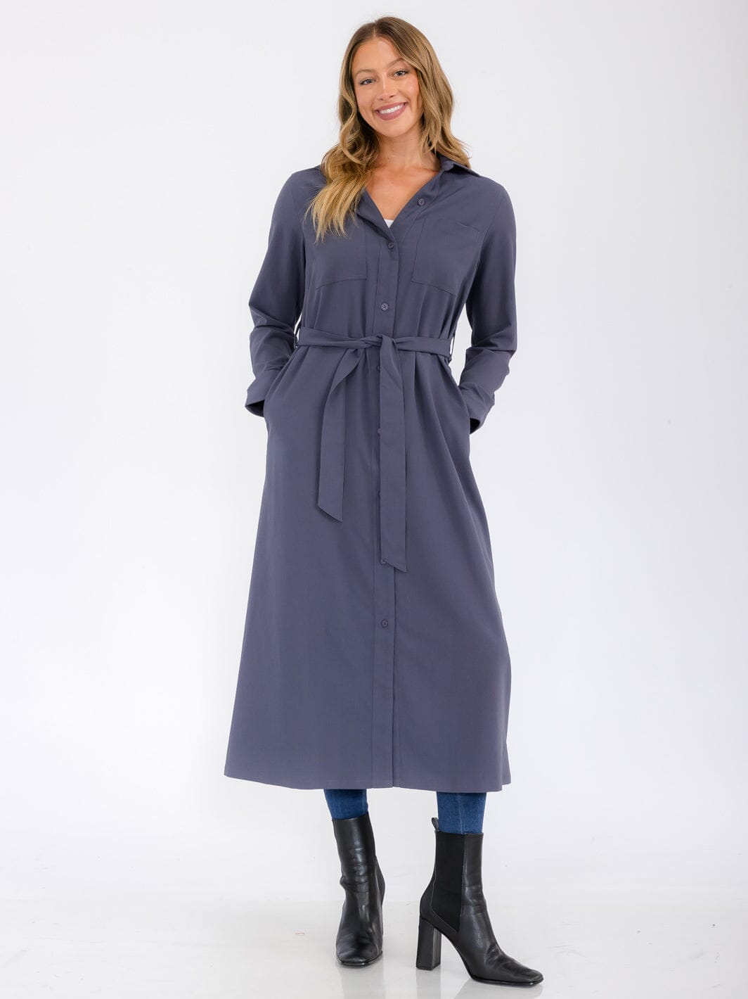 WOMEN'S LONG SLEEVE BUTTON UP SELF TIE FRONT POCKETS MAXI DRESS