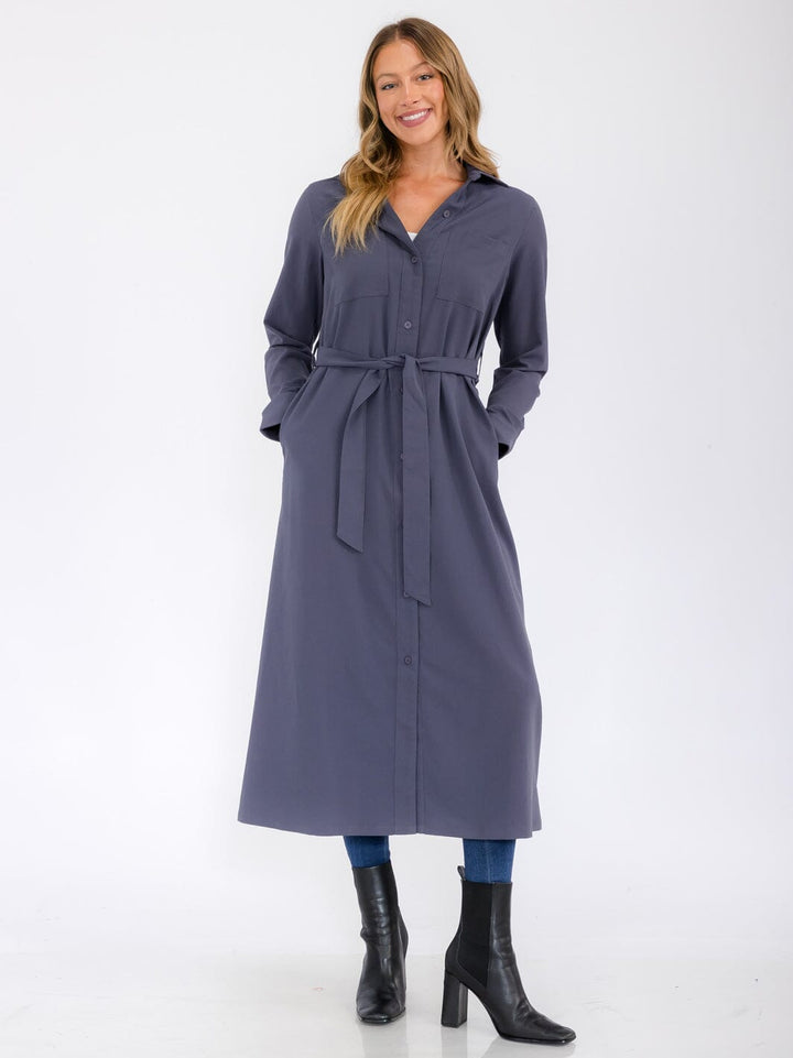 WOMEN'S LONG SLEEVE BUTTON UP SELF TIE FRONT POCKETS MAXI DRESS