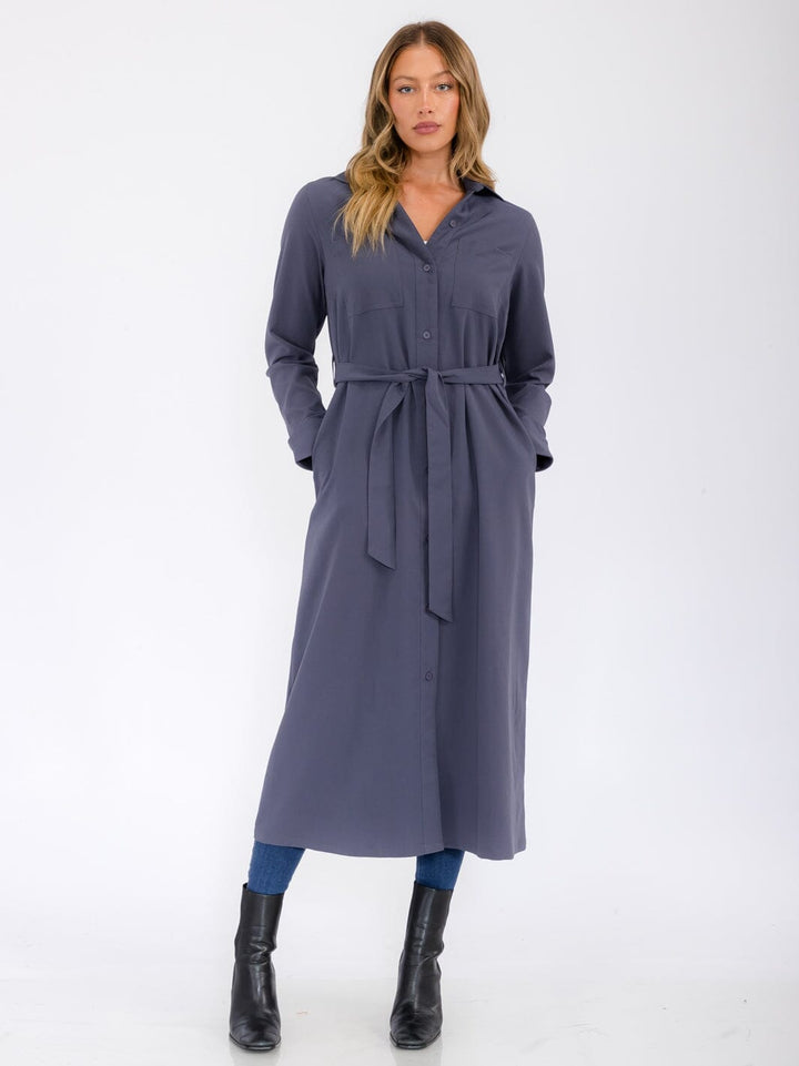 WOMEN'S LONG SLEEVE BUTTON UP SELF TIE FRONT POCKETS MAXI DRESS