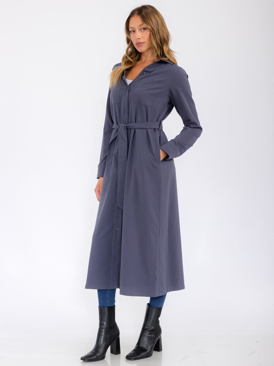 WOMEN'S LONG SLEEVE BUTTON UP SELF TIE FRONT POCKETS MAXI DRESS