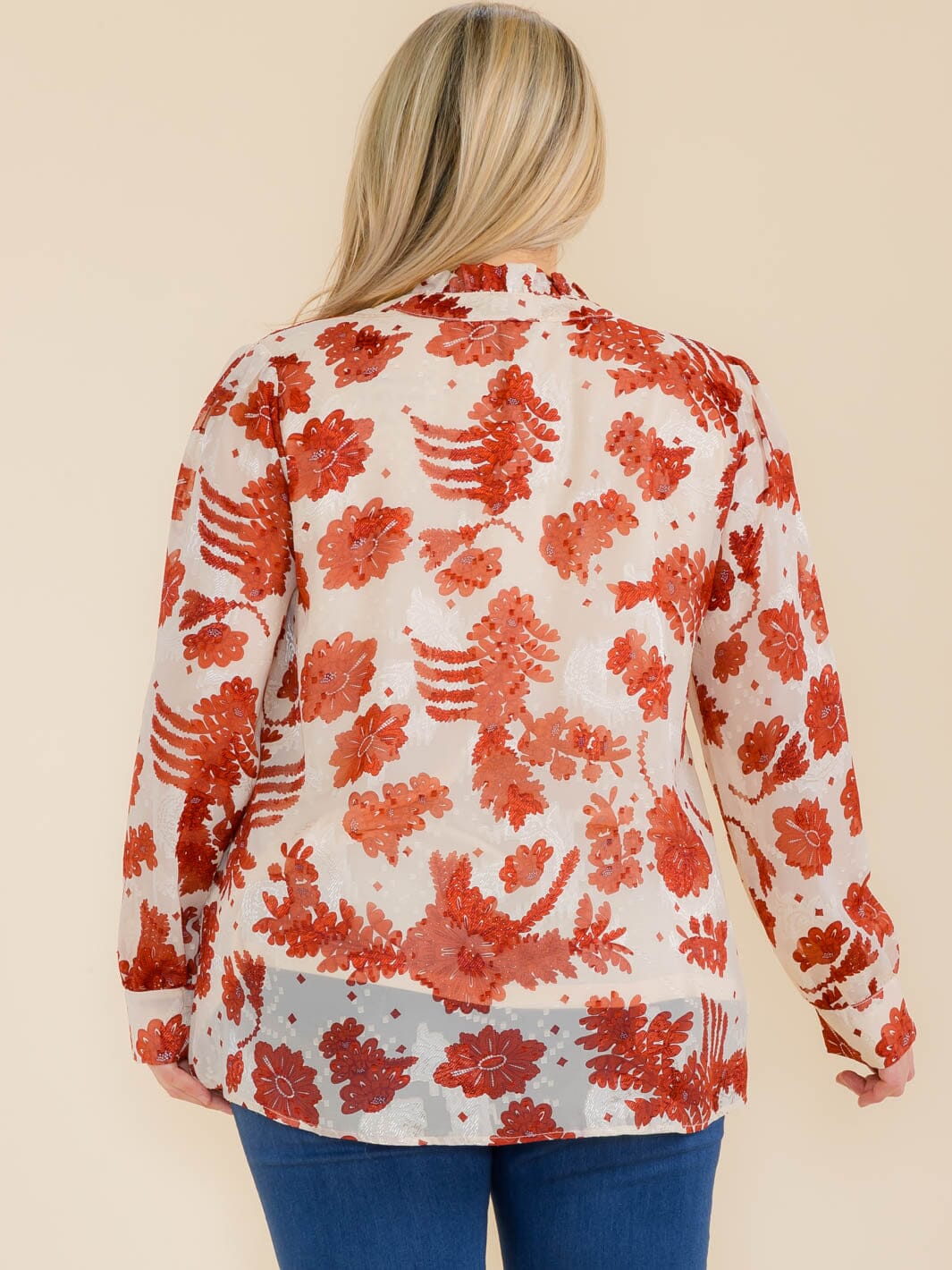 PLUS SIZE LONG SLEEVE V-NECK FLORAL PRINT BLOUSE