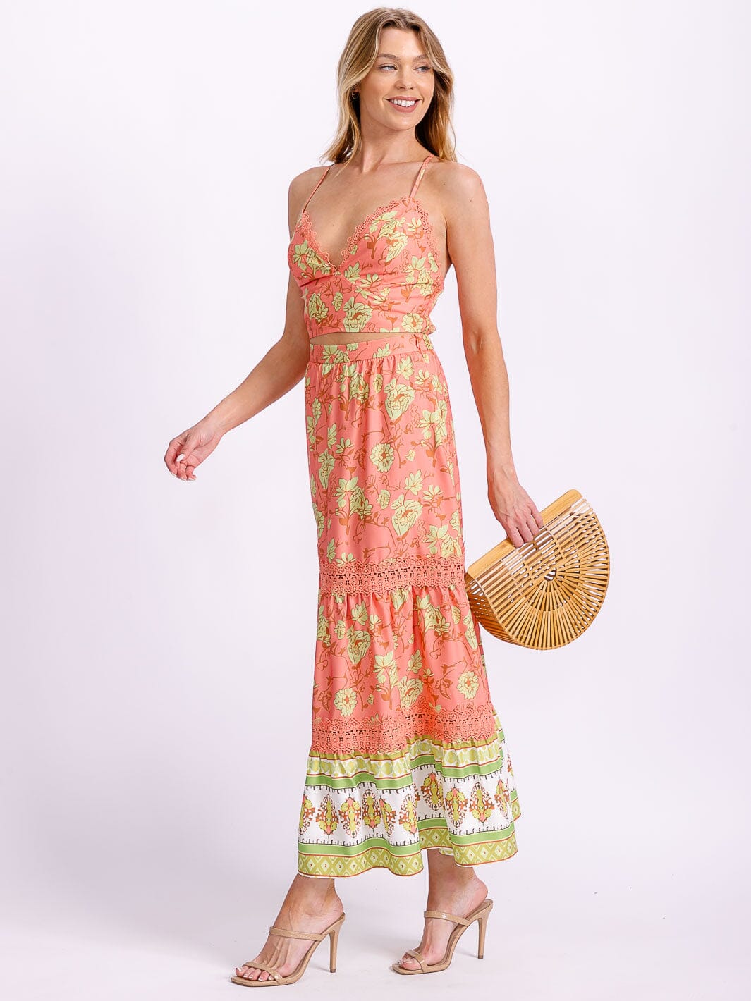 WOMEN'S SLEEVELESS SMOCK CROP TOP & ZIP UP MAXI SKIRT LACE FLORAL 2PC. SET