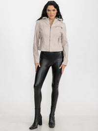 WOMEN'S LONG SLEEVE ZIP UP POCKETS PU PLEATHER HOODED JACKET
