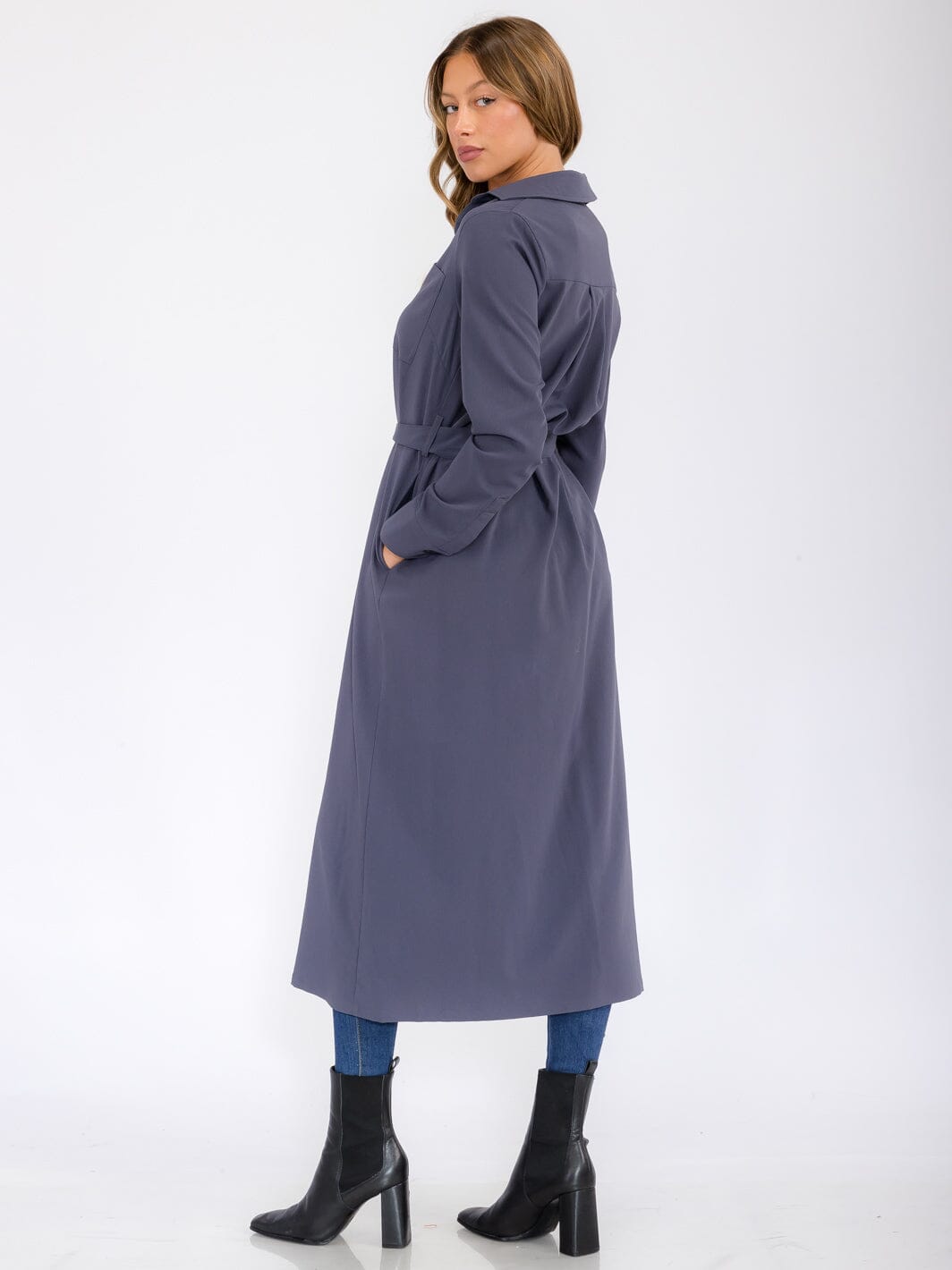 WOMEN'S LONG SLEEVE BUTTON UP SELF TIE FRONT POCKETS MAXI DRESS