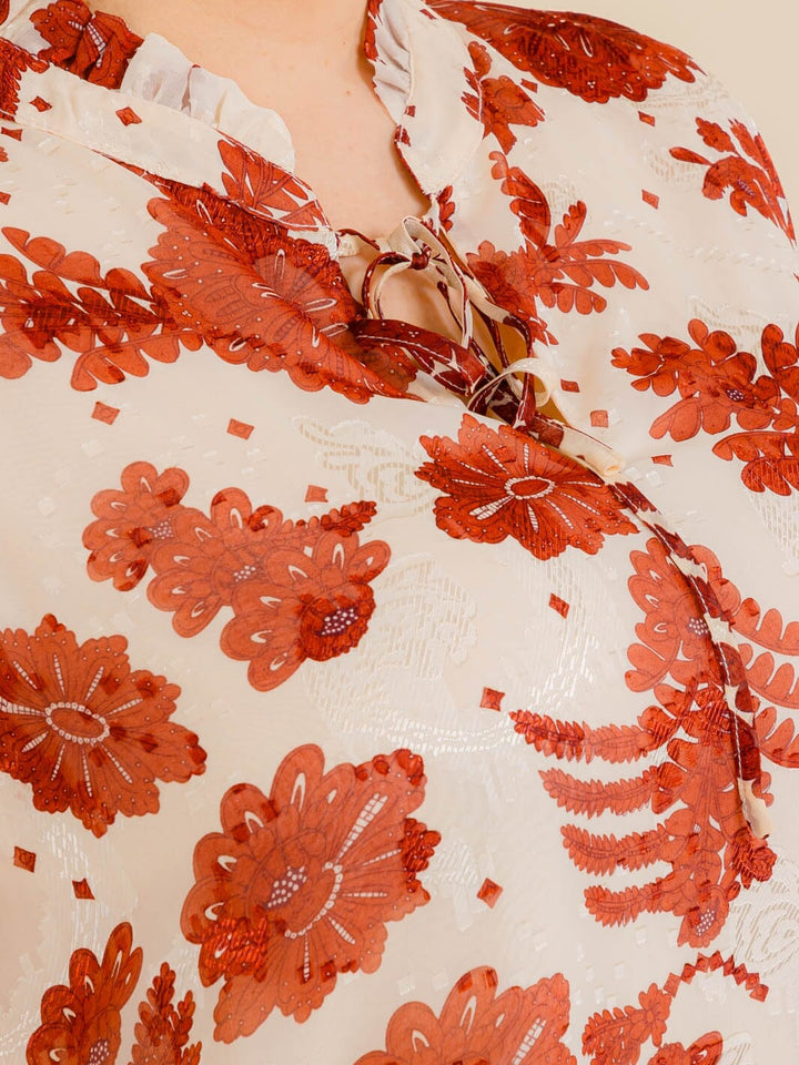 PLUS SIZE LONG SLEEVE V-NECK FLORAL PRINT BLOUSE