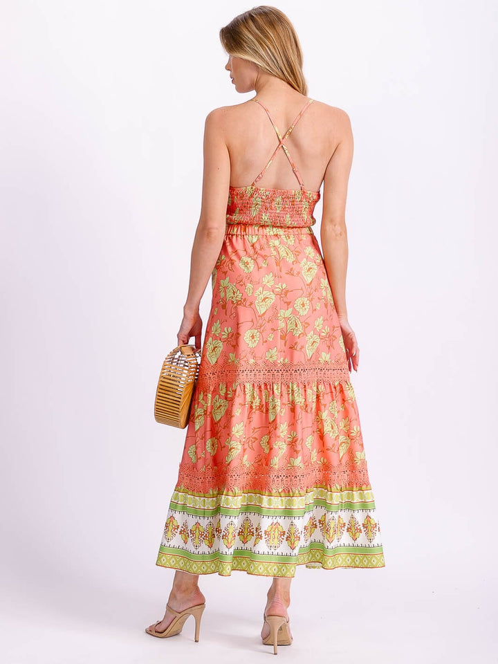 WOMEN'S SLEEVELESS SMOCK CROP TOP & ZIP UP MAXI SKIRT LACE FLORAL 2PC. SET