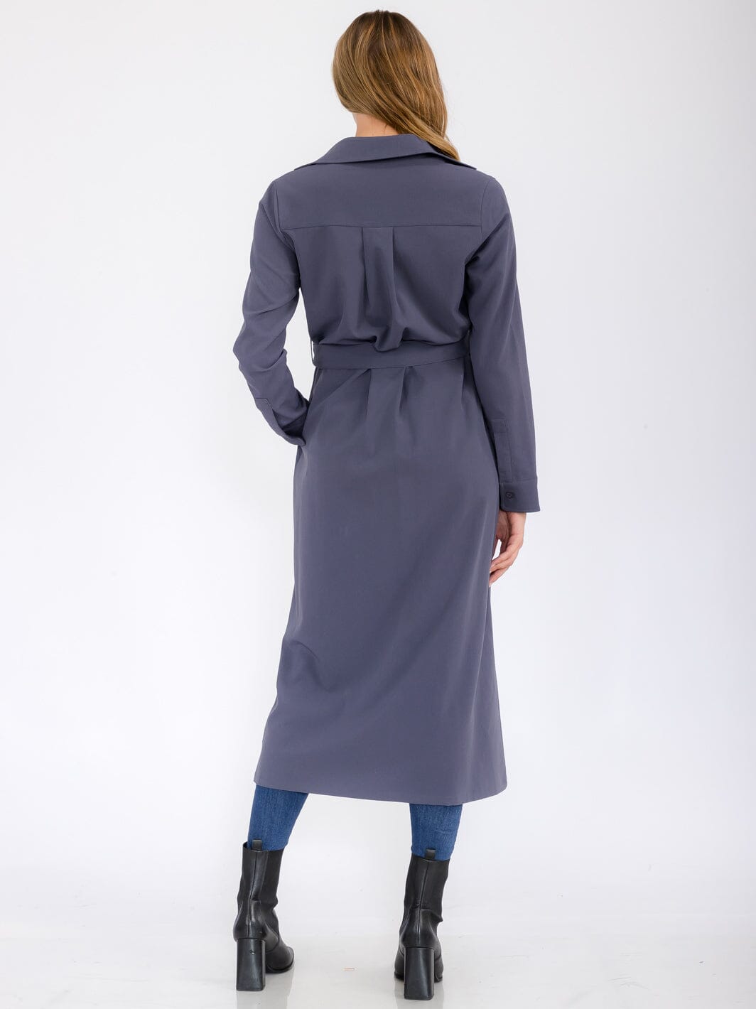 WOMEN'S LONG SLEEVE BUTTON UP SELF TIE FRONT POCKETS MAXI DRESS