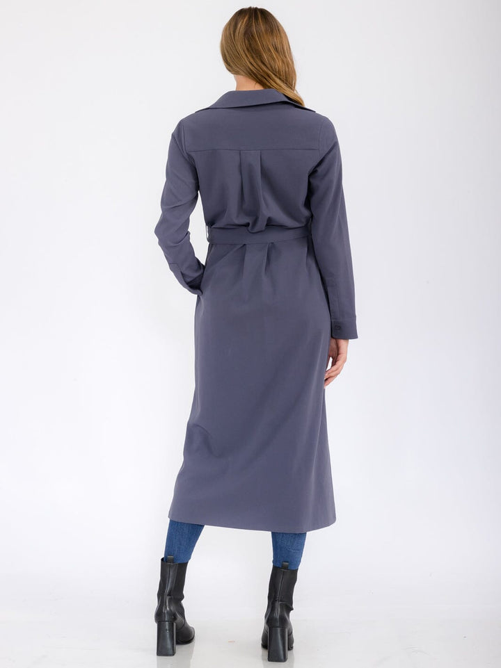 WOMEN'S LONG SLEEVE BUTTON UP SELF TIE FRONT POCKETS MAXI DRESS