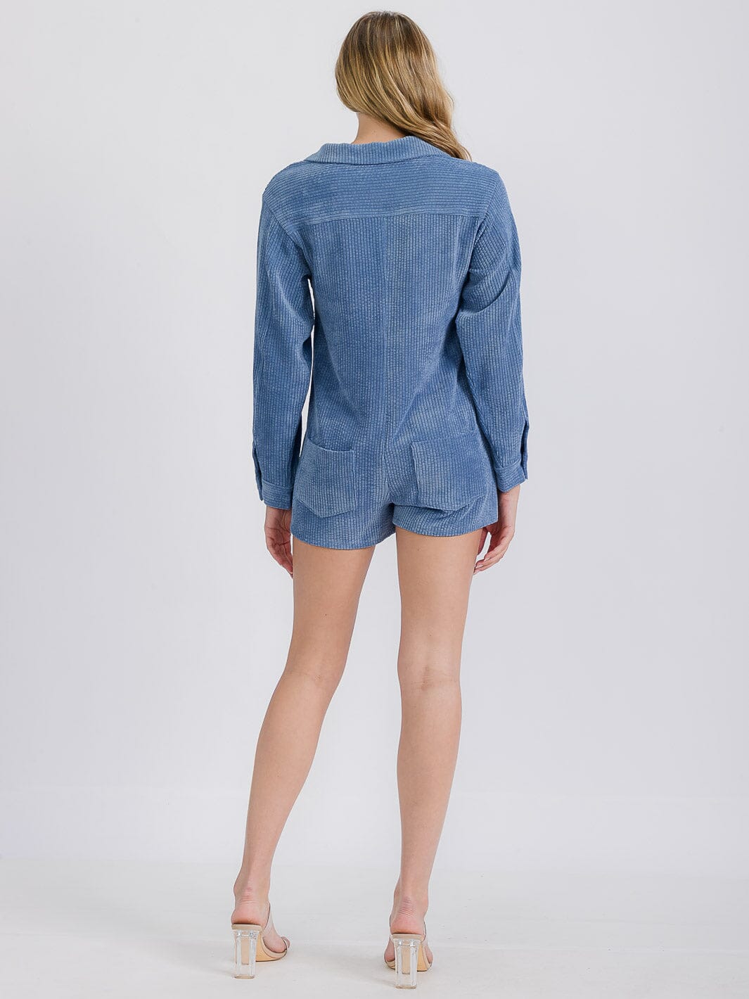 WOMEN'S LONG SLEEVE FRONT POCKET BUTTON UP CORDUROY ROMPER