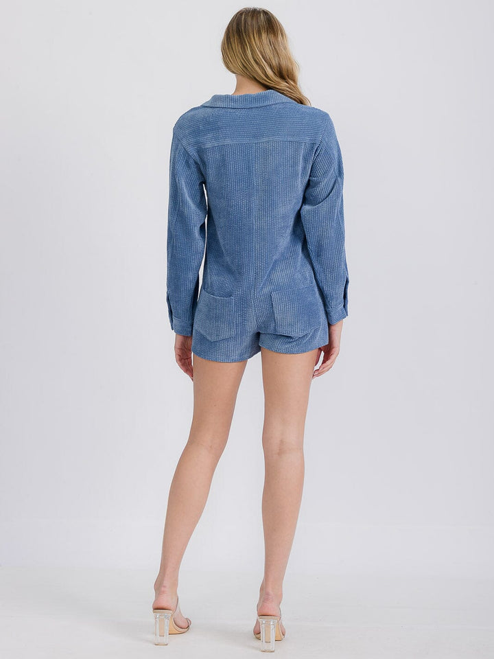 WOMEN'S LONG SLEEVE FRONT POCKET BUTTON UP CORDUROY ROMPER