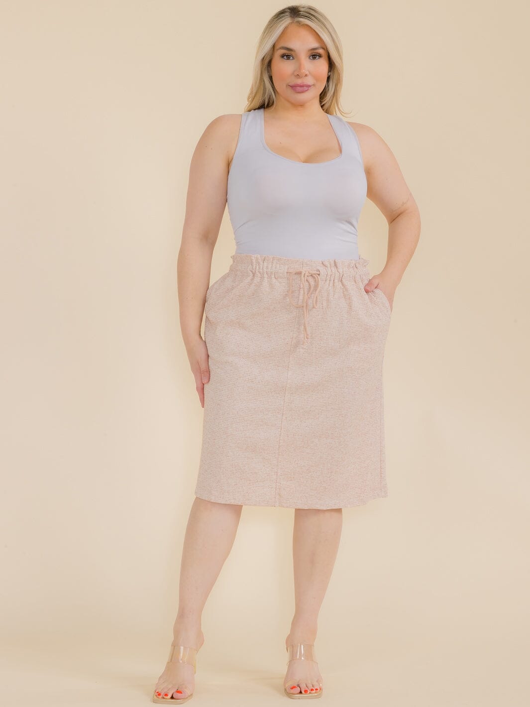 PLUS SIZE ELASTIC WAIST FRONT POCKETS MIDI SKIRT