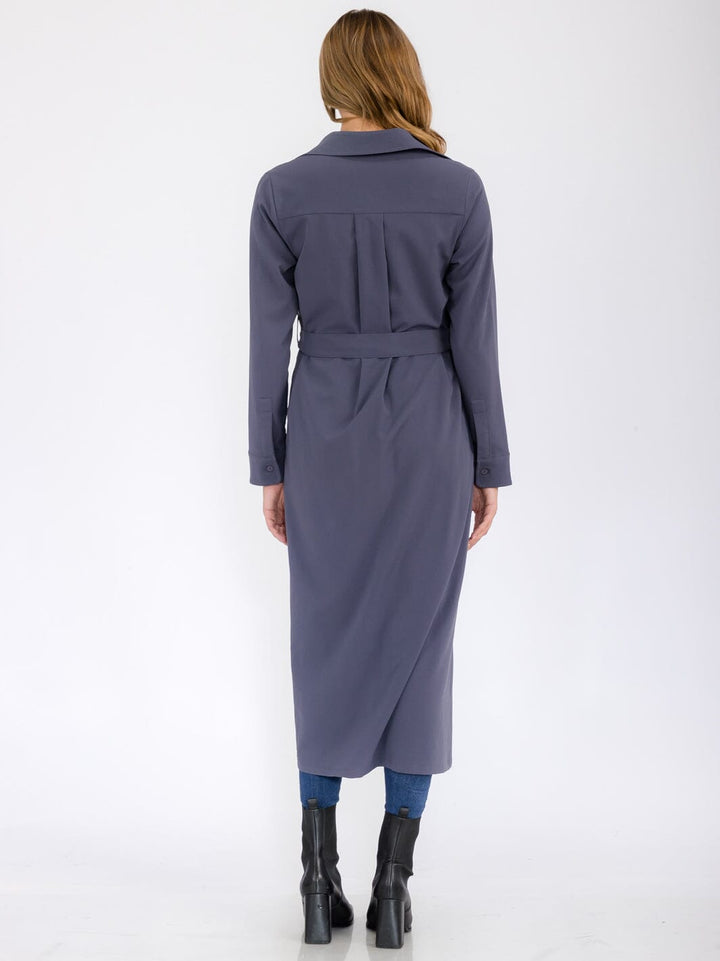 WOMEN'S LONG SLEEVE BUTTON UP SELF TIE FRONT POCKETS MAXI DRESS