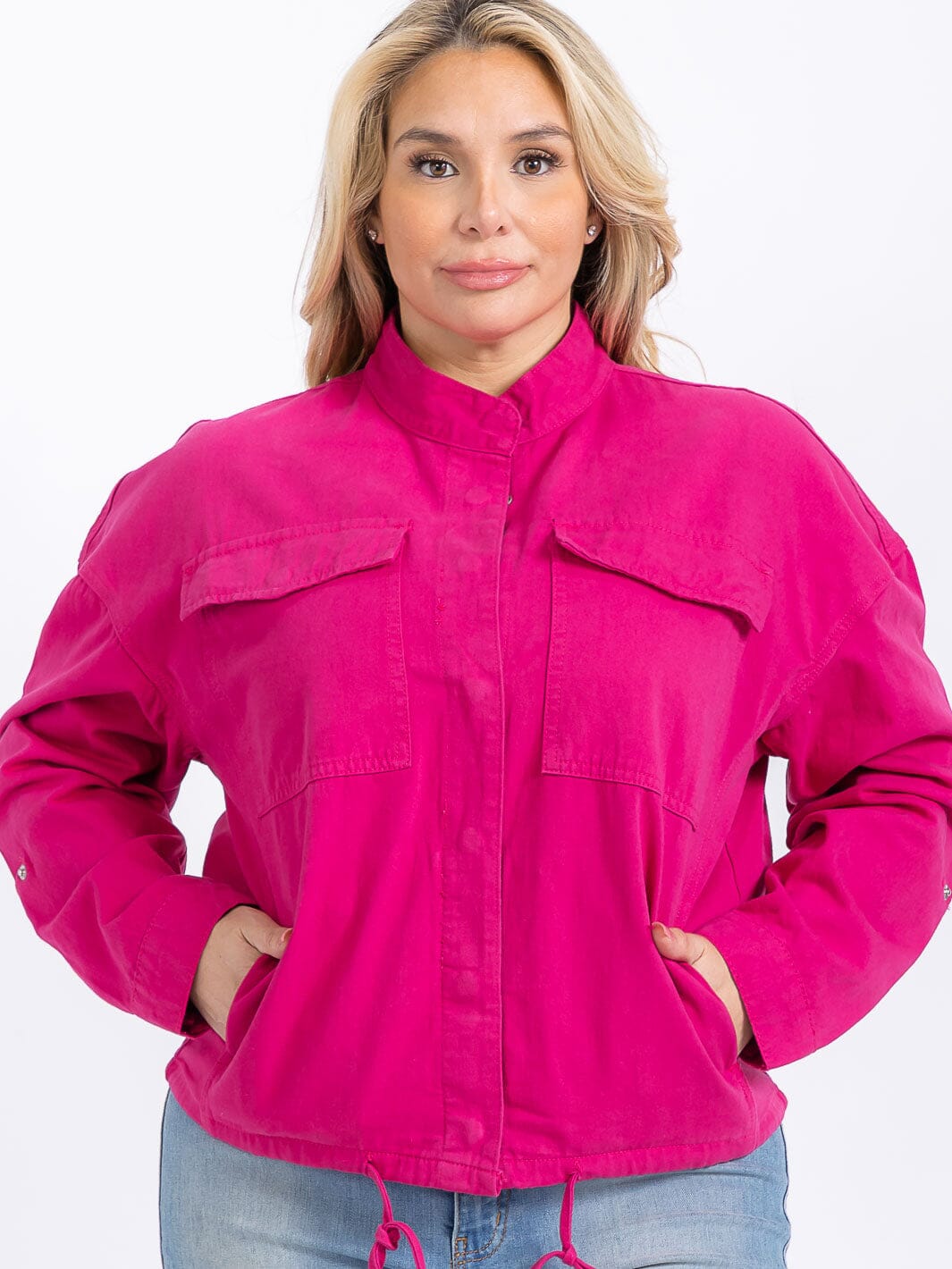 PLUS SIZE LONG SLEEVE BUTTON CLOSURE FRONT POCKETS DENIM JACKET