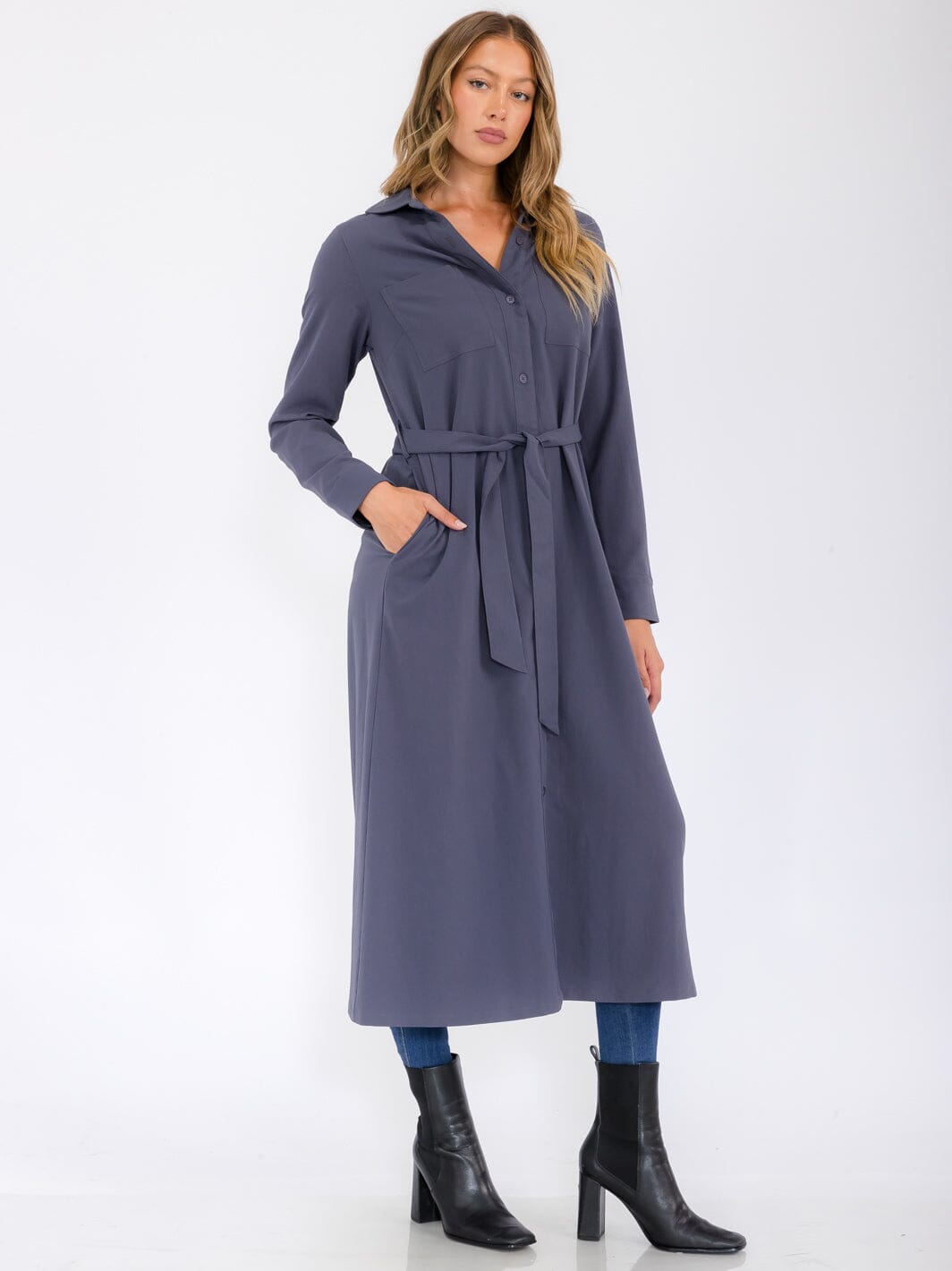 WOMEN'S LONG SLEEVE BUTTON UP SELF TIE FRONT POCKETS MAXI DRESS