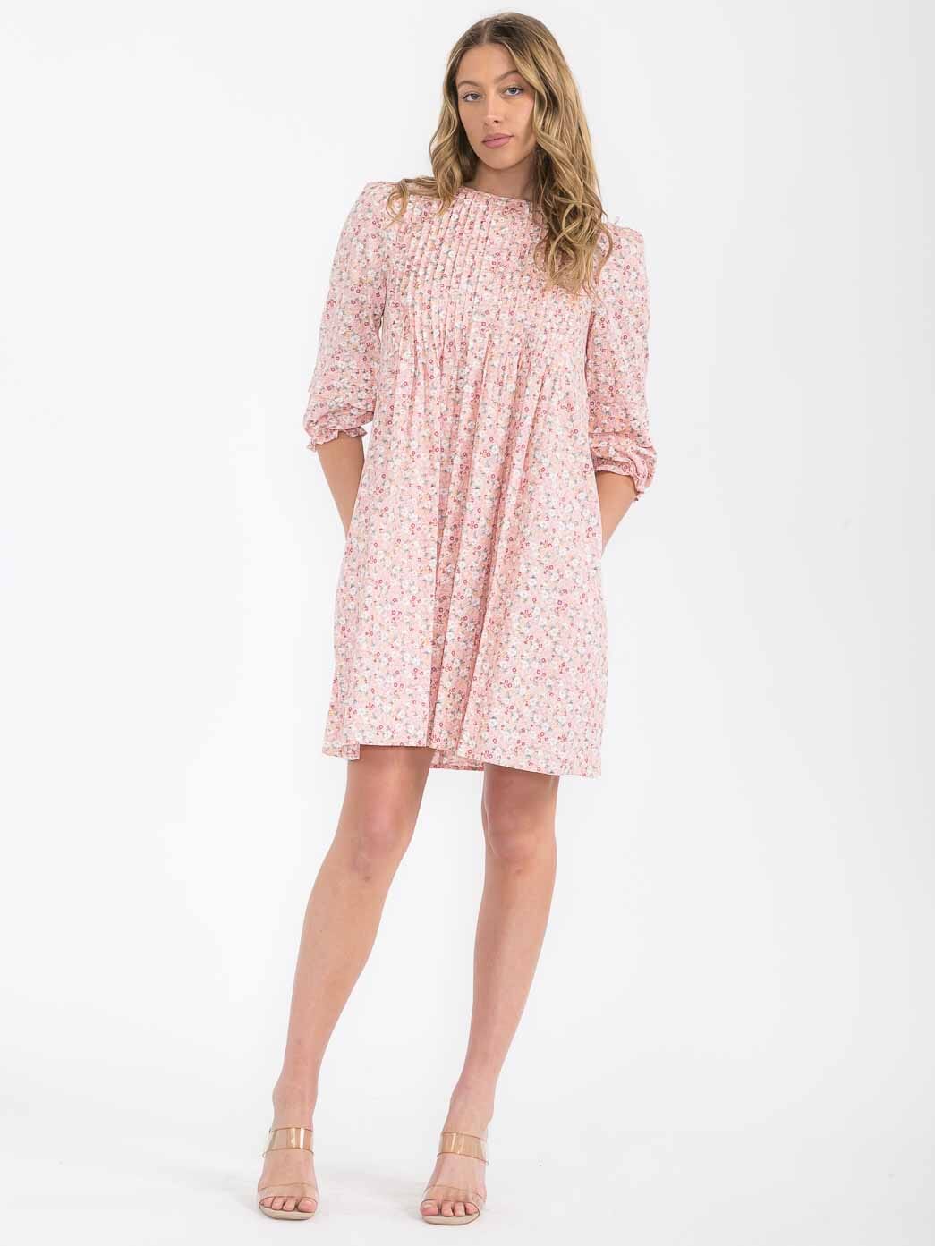 WOMEN'S 3/4 SLEEVE FRONT POCKETS TUNIC FLORAL MINI DRESS