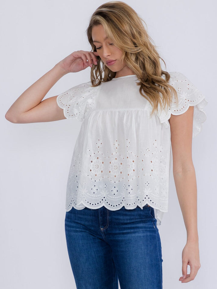 WOMEN'S SHORT SLEEVE RUFFLE EYELET TUNIC TOP