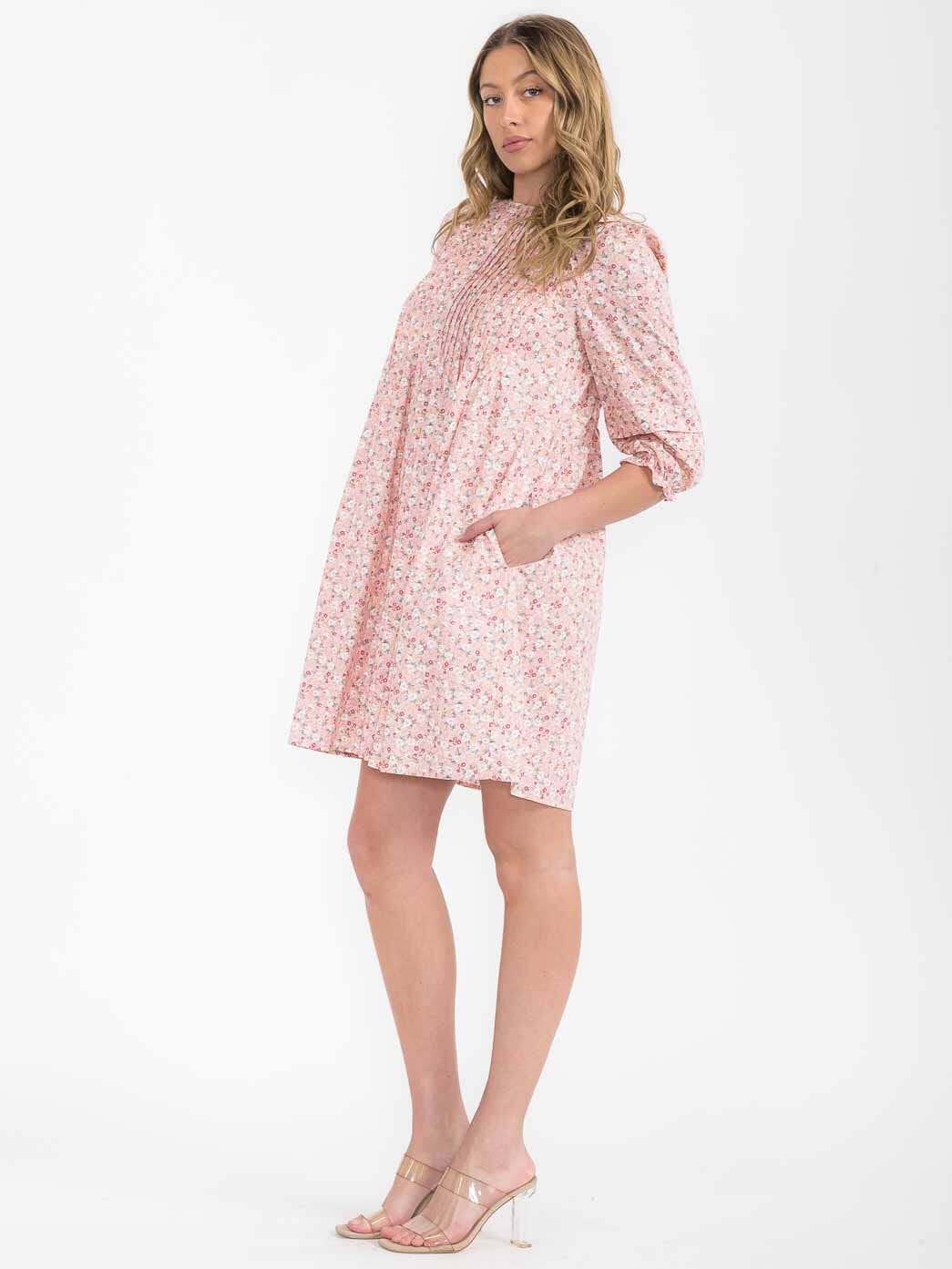 WOMEN'S 3/4 SLEEVE FRONT POCKETS TUNIC FLORAL MINI DRESS