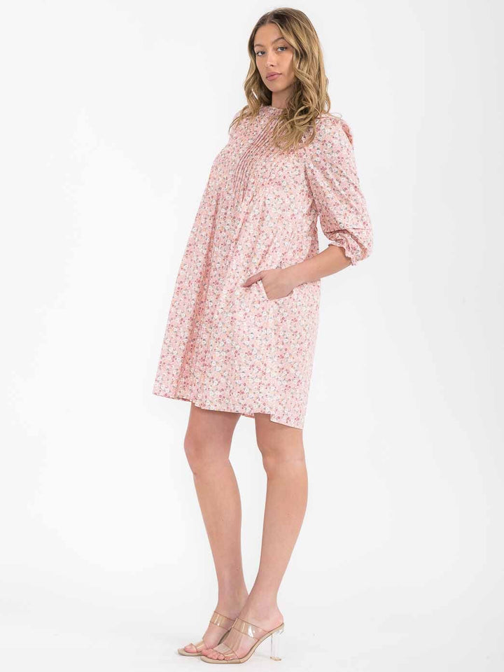 WOMEN'S 3/4 SLEEVE FRONT POCKETS TUNIC FLORAL MINI DRESS