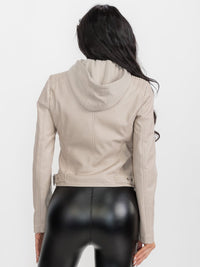 WOMEN'S LONG SLEEVE ZIP UP POCKETS PU PLEATHER HOODED JACKET