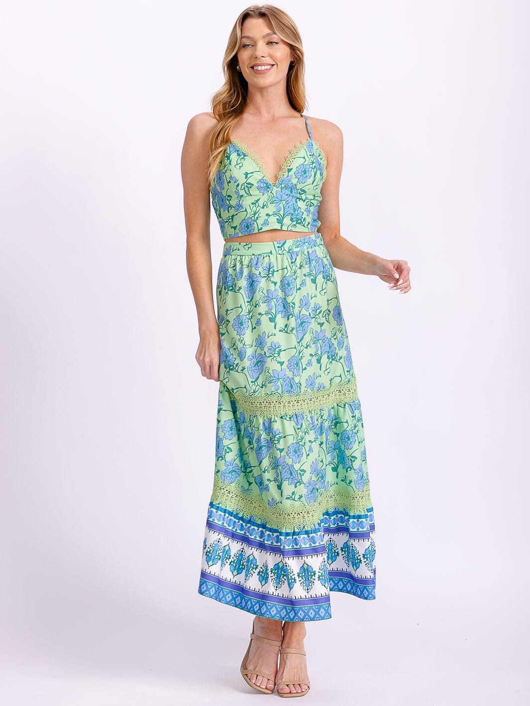 WOMEN'S SLEEVELESS SMOCK CROP TOP & ZIP UP MAXI SKIRT LACE FLORAL 2PC. SET